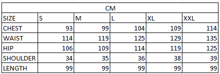 Size chart in cm