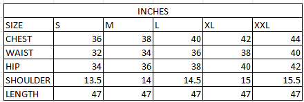 Size chart in inches