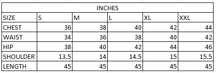 Size chart in inches