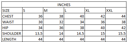 Size chart in inches