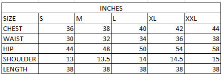 Size chart in inches