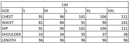 Size chart in cm
