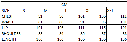 Size chart in cm