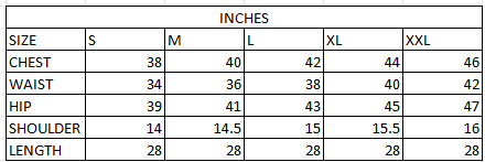 Size chart in inches