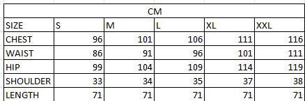 Size chart in cm