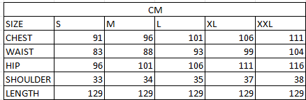 Size chart in cm