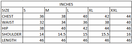 Size chart in inches