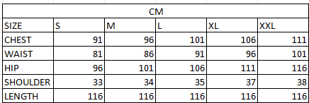 Size chart in cm