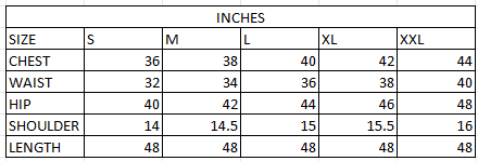 Size chart in inches