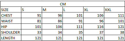 Size chart in cm