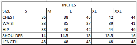 Size chart in inches