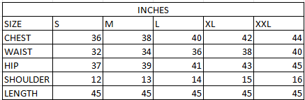 Size chart in inches
