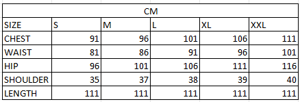 Size chart in cm