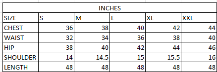 Size chart in inches