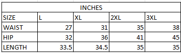 Size chart in inches