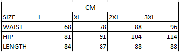 Size chart in cm