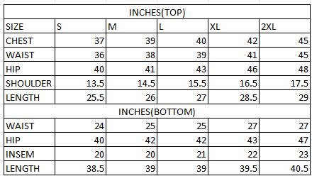 Size chart in inches