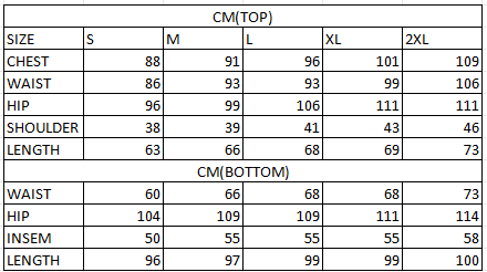 Size chart in cm
