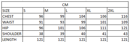 Size chart in cm