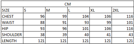 Size chart in cm