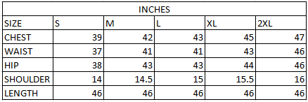 Size chart in inches