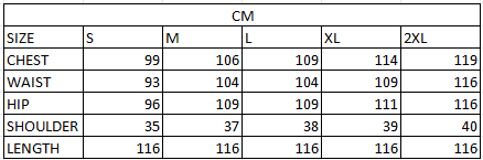 Size chart in cm
