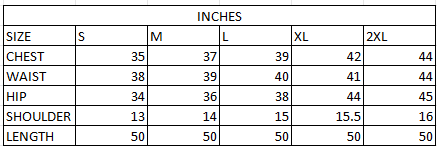 Size chart in inches