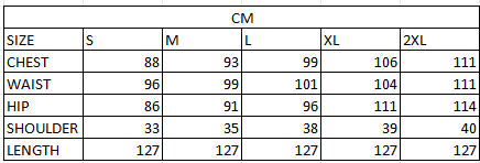 Size chart in cm