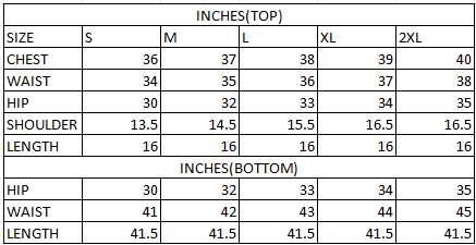 Size chart in inches