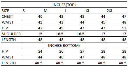Size chart in inches