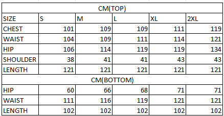 Size chart in cm