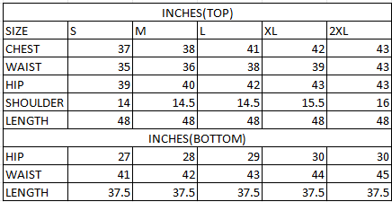 Size chart in inches