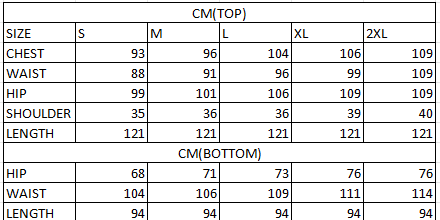 Size chart in cm