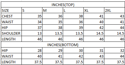 Size chart in inches