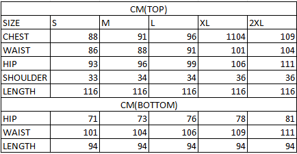 Size chart in cm