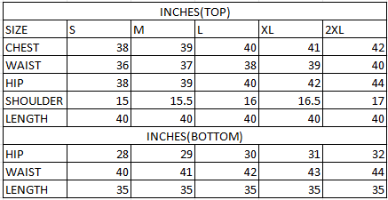 Size chart in inches