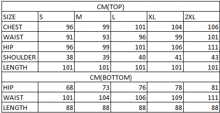 Size chart in cm