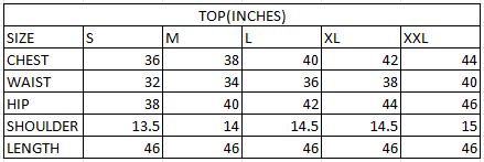 Size chart in inches