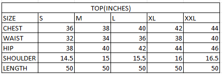 Size chart in inches