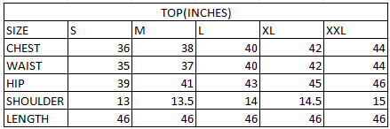 Size chart in inches