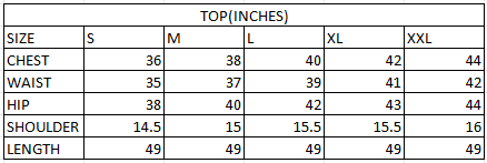 Size chart in inches