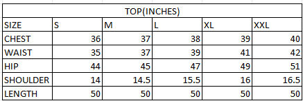 Size chart in inches