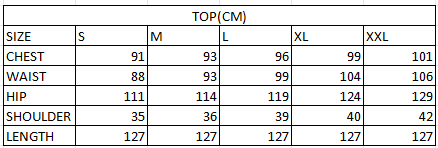 Size chart in cm