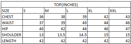Size chart in inches