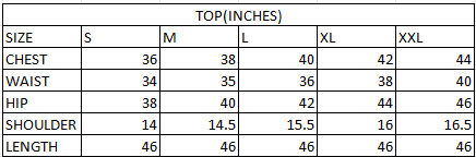 Size chart in inches