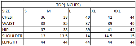 Size chart in inches