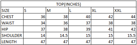 Size chart in inches