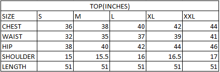 Size chart in inches