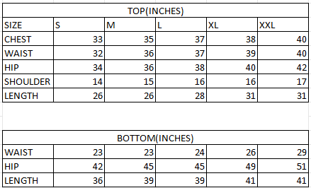 Size chart in inches