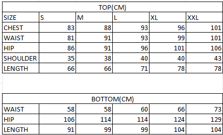 Size chart in cm